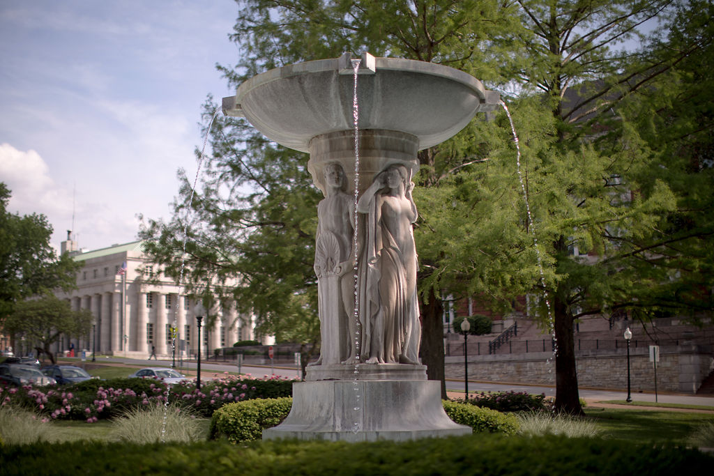 The Arts Fountain outside the state Capitol flows